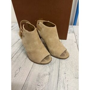 Coach Suede Stilleto With Leather Sole Buckle Up Ankle, Golden Sequins open toe
